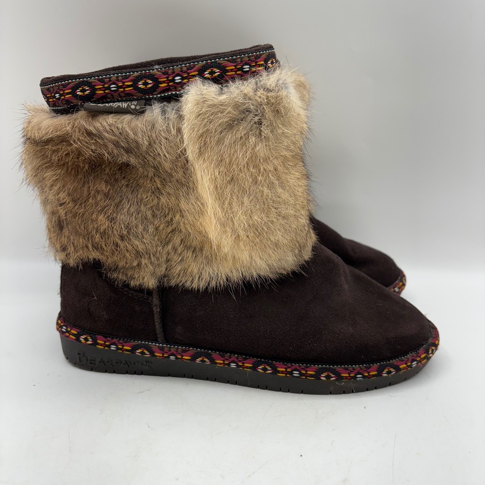 Bearpaw Suni Boots Brown Suede Fur Trim Patterned Ankle Womens‎ Size 6